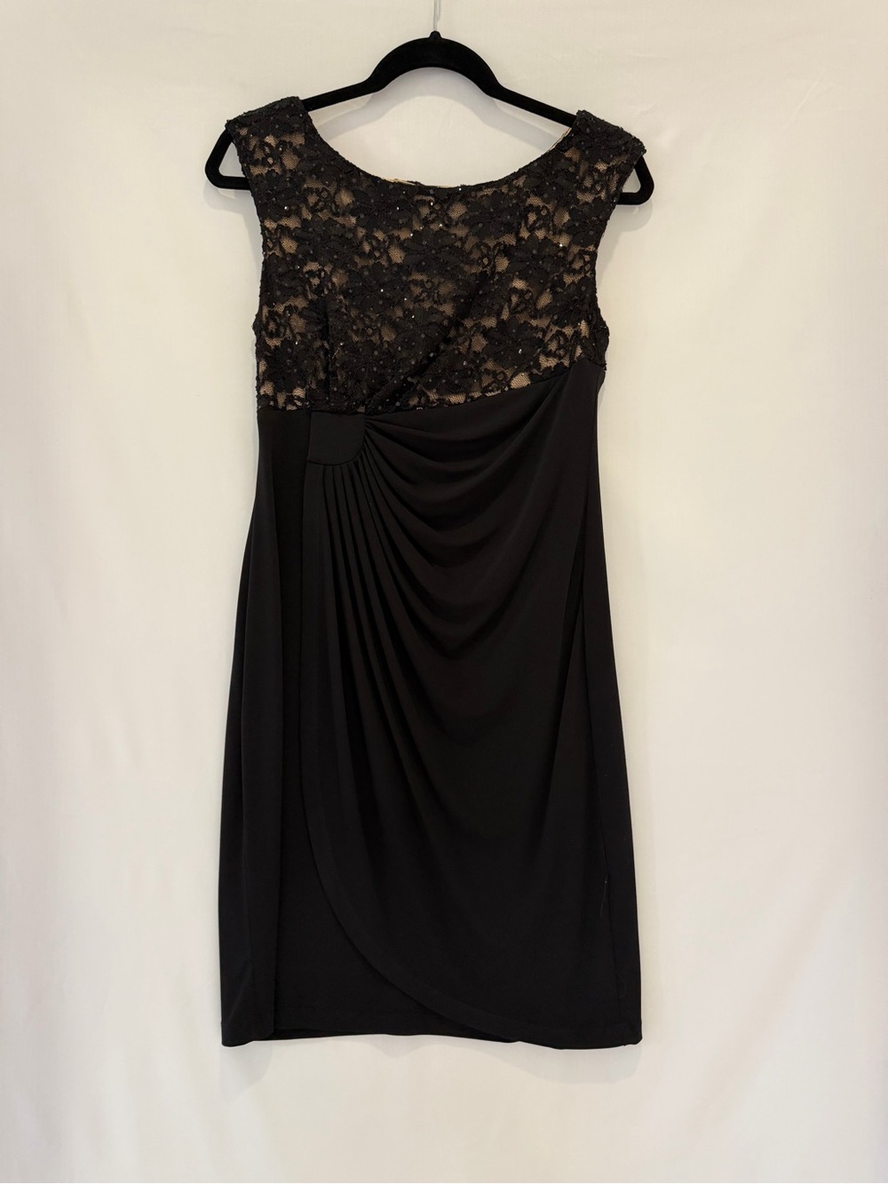 connected apparel Black Lace Yoke Draped Cocktail Dress